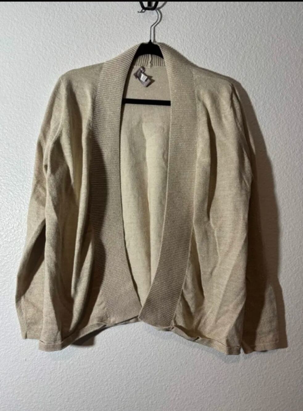Chico's Size 2 (Large) Beige Gold Metallic Open-Front Cardigan Shimmer Knit